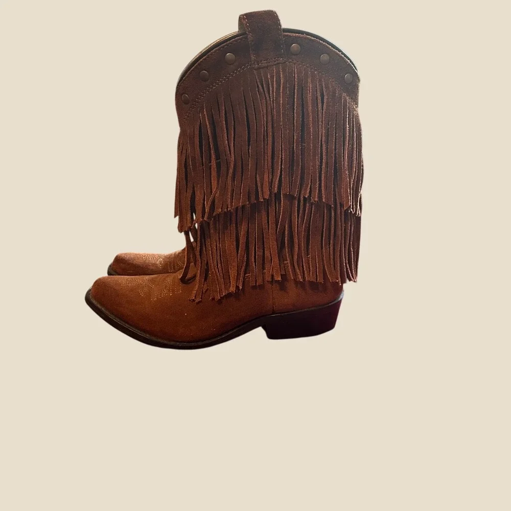 Kids Brown Suede Fringe‎ Cowboy Boots Studded Western Mid Calf Size 1